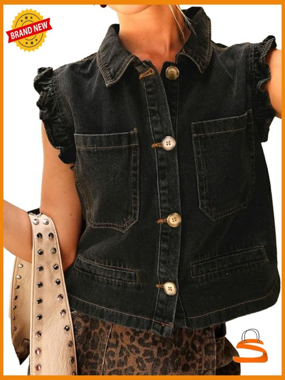 Sleeveless Ruffle Cuffed Cropped Denim Vest Button Up Jean Vest Top